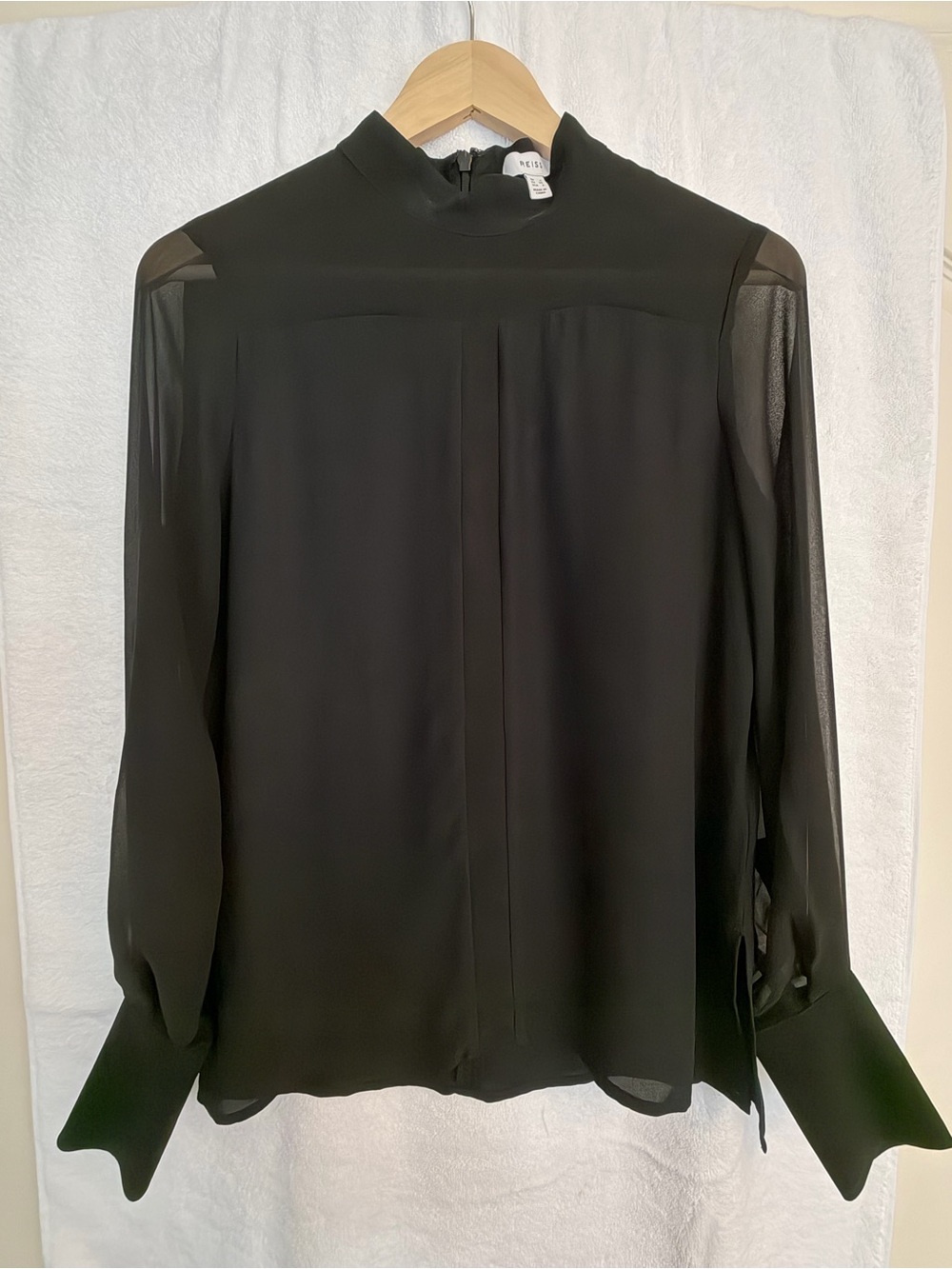 Reiss Black Sheer-Sleeve High-Neck Blouse